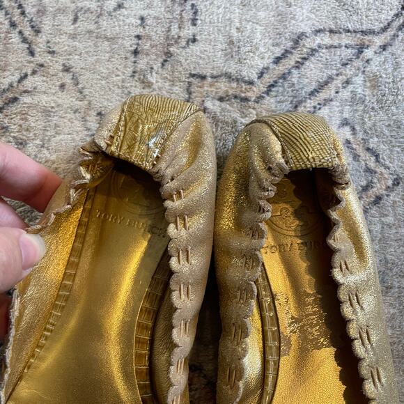 Tory Burch Romy Tan & Gold Cap Toe Leather Ballet Flats Shoes SZ 7.5 Classic EUC - Picture 9 of 11